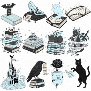 Dark romance bookish clipart set featuring gothic fantasy illustrations, spooky love symbols, enchanted books, skulls, magic potions, haunted libraries, and moody romantic elements in high-resolution PNG format.