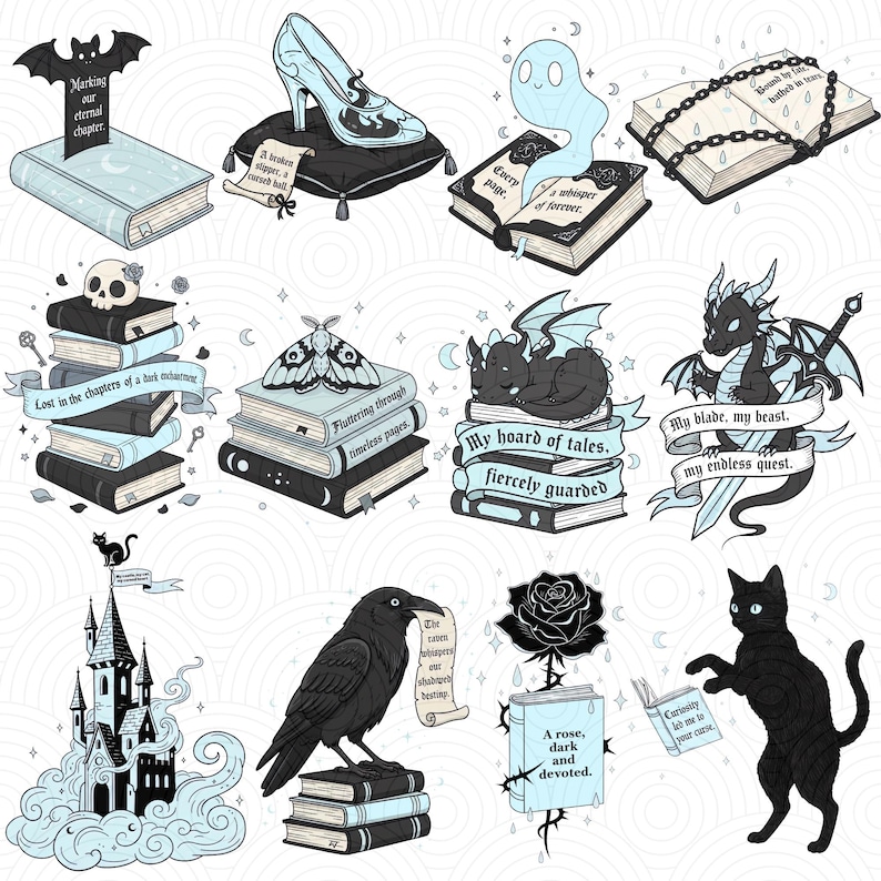 Dark romance bookish clipart set featuring gothic fantasy illustrations, spooky love symbols, enchanted books, skulls, magic potions, haunted libraries, and moody romantic elements in high-resolution PNG format.