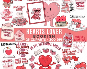 Bundle de cliparts livresques coeurs amoureux PNG, lecteur romantique PNG, citations drôles d'amateur de livres, coeur mignon PNG, sublimation de lecteur RomCom