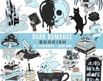 Ensemble de cliparts livresques romance sombre | Ensemble PNG gothique fantastique | Autocollants fantasmagoriques de lecture d'amour