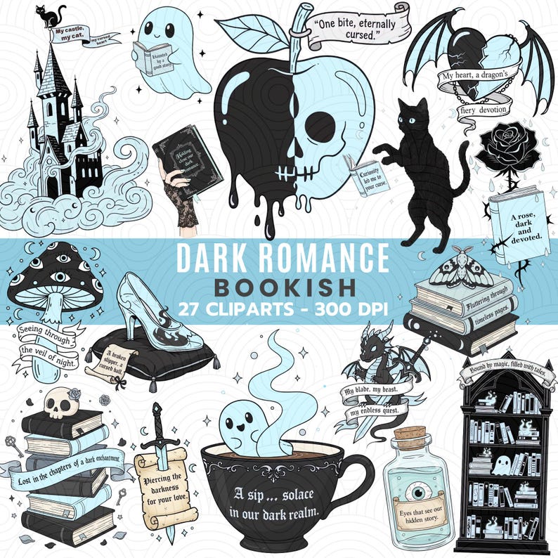 Dark romance bookish clipart set featuring gothic fantasy illustrations, spooky love symbols, enchanted books, skulls, magic potions, haunted libraries, and moody romantic elements in high-resolution PNG format.