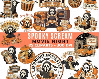 Spooky Scream Movie Night Clipart Bundle , Ghostface Halloween Movie Night PNG, Horror Movie Club Sublimation