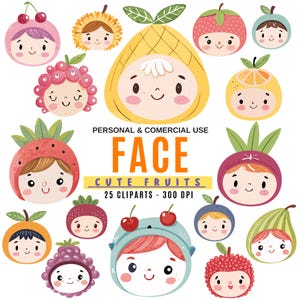 Cute Fruit Face Clipart, Kawaii Fruit Kids PNG, Planner Sticker, Digital Download, Sublimation Art, Nursery Wall Art, Clip Art Set