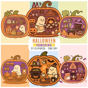 Halloween Pumpkin Clipart Set, Cute Ghost Kitchen PNG, Kawaii Witch Decor, Fall Sticker Pack, Digital Download, Halloween Clip Art