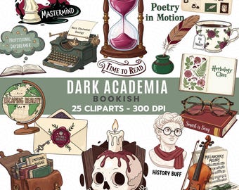 Dark Academia Bookish Clipart Set | Vintage Reader PNG Pack | Literary Stickers Bundle