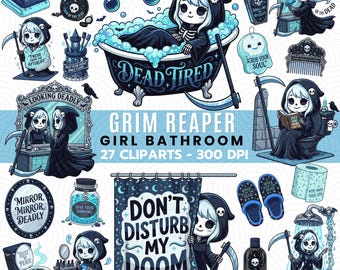 Grim Reaper Girl Bathroom Clipart, Gothic Halloween PNG, Spooky Bathroom Sublimation, Reaper Digital Download