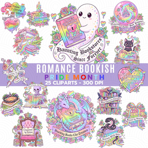 Può includere: Una collezione di illustrazioni colorate e stravaganti a tema libri romantici. I disegni includono un fantasma con un libro, un gatto nero che legge, un drago con un libro e il testo "Romance Bookish Pride Month".