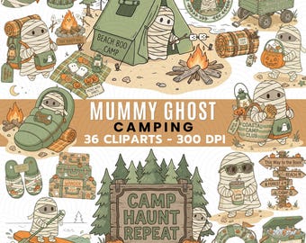 Mummy Ghost Camping Clipart PNG | Cute Halloween Mummy Ghost Bundle | Spooky Camping Clipart | Campfire Halloween PNG