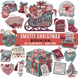 Può includere: Una collezione di illustrazioni digitali a tema natalizio con libri, una slitta, una cassetta delle lettere, una macchina da scrivere e decorazioni. Ogni grafica include testo come Sleigh All Day Read All Night, Santa's Got Nothing On My TBR e Smutty Christmas Bookish.