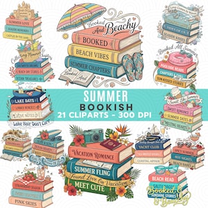 Op de afbeelding: Een verzameling digitale illustraties met stapels boeken met zomertitels, strandaccessoires zoals slippers, camera's en tropische bloemen, met tekstoverlays waaronder Booked And Beachy, Summer Bookish en 21 Cliparts - 300 DPI.