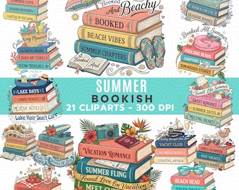 Summer Bookish Clipart Bundle PNG, Beach Reader Clipart, Romance Reader PNG, Coastal Reading Sublimation, Book Lover PNG