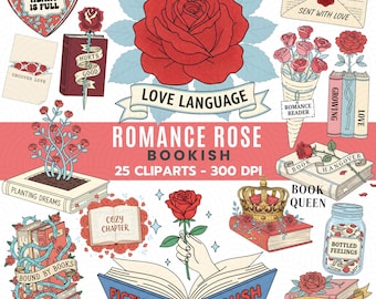 Ensemble de cliparts livresques roses romantiques PNG, graphiques romantiques pour amateurs de livres, autocollants de lecture floraux