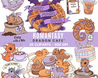 Romantasy Dragon Cafe Clipart, Fantasy Dragon PNG, Bookish Cafe Clipart, Cute Dragon Sublimation