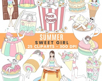 Summer Girl Clipart PNG Bundle, Cute Summer Clip Art, Sweet Girl , Kawaii Beach, Grily Sticker Digital Download