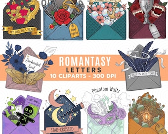 Lot de lettres romantiques | Enveloppes de lettres d'amour enchantées PNG | Art livresques romantiques fantastiques