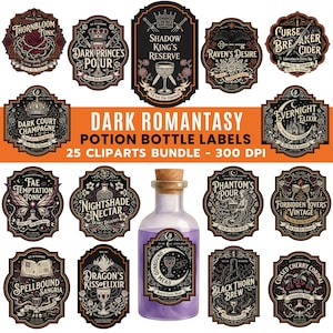 May include: A collection of decorative potion bottle labels featuring dark, ornate illustrations and text such as Thornbloom Tonic, Shadow King's Reserve, and Evernight Elixir, alongside a single glass bottle filled with purple liquid and a cork stopper.