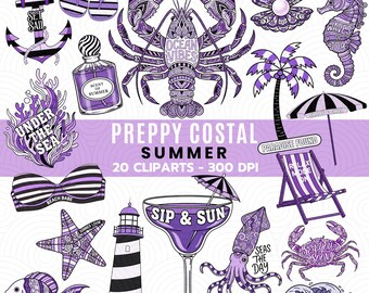 Bundle de cliparts PNG été côtier BCBG, motifs de sublimation de plage violette, clipart vie marine nautique PNG