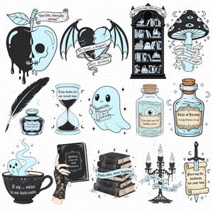 Dark romance bookish clipart set featuring gothic fantasy illustrations, spooky love symbols, enchanted books, skulls, magic potions, haunted libraries, and moody romantic elements in high-resolution PNG format.
