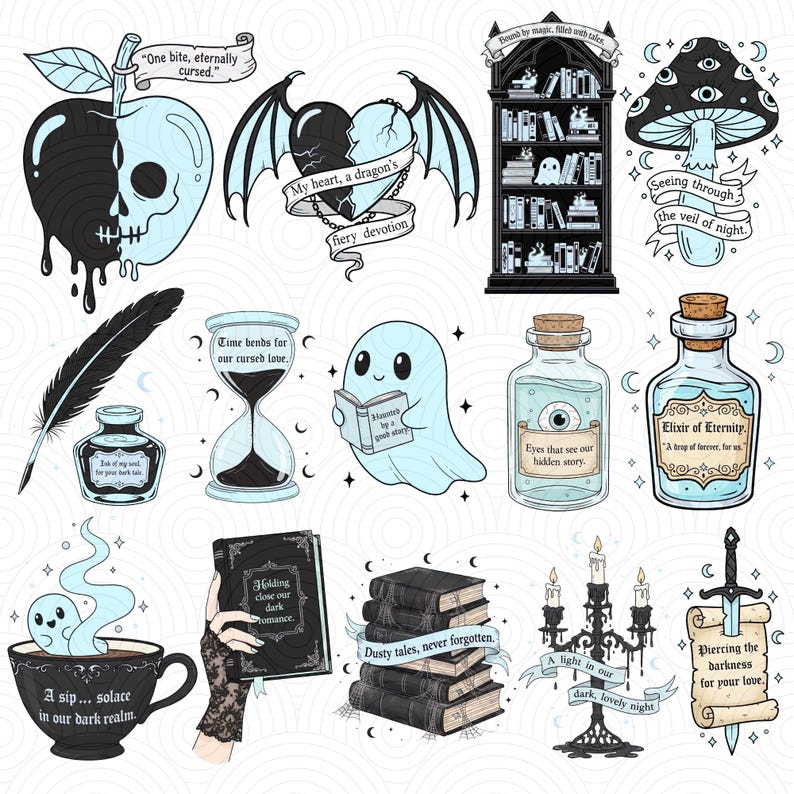 Dark romance bookish clipart set featuring gothic fantasy illustrations, spooky love symbols, enchanted books, skulls, magic potions, haunted libraries, and moody romantic elements in high-resolution PNG format.