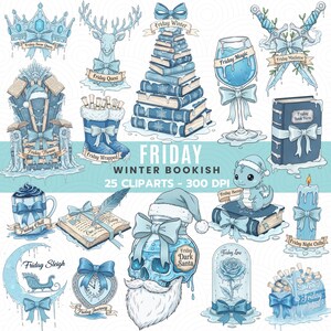 May include: A collection of whimsical, winter-themed illustrations in shades of blue and white. The images include a crown, deer, books, a throne, a boot, a wine glass, swords, a book, a mug, a quill, a skull, a clock, a rose, a candle, a sleigh, and a dragon.