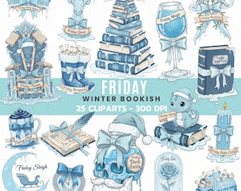 Bundle de cliparts livresques vendredi hiver PNG, 300 DPI amateur de livres magie de l'hiver téléchargement numérique