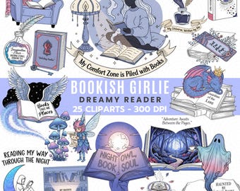Bookish Girlie Dreamy Reader Clipart | Cozy Fantasy Reading PNG Set