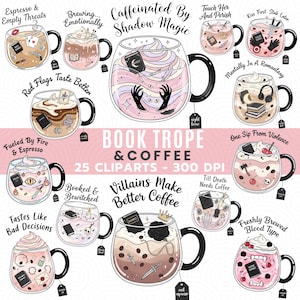 Puede incluir: Ilustración digital de 12 tazas de café con asas negras, cada una con un diseño y texto únicos. Las tazas están llenas de elementos temáticos de café como libros, espadas y calaveras. El texto incluye "Book Trope & Coffee" y "Villains Make Better Coffee".