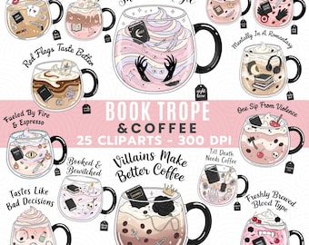 Booktrope Coffee Clipart PNG Bundle, Sublimation de café romantique sombre dessins, tasse de lecteur Fantasy PNG graphiques