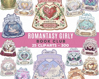 Bundle de cliparts romantiques girly de club de lecture | Stickers billets Fantasy Romance (300 ppp)