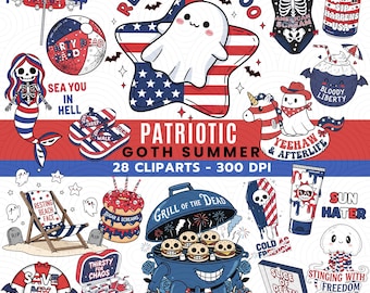 Bundle de cliparts PNG été goth patriotique, 4 juillet PNG Goth, dessins de Sublimation patriotiques rétro USA