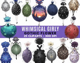Whimsical Gothic Flower Clipart PNG, Floral Fantasy Dress Clipart, Dark Botanical Art, Halloween Gothic PNG