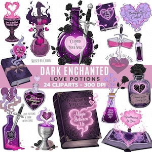 Może przedstawiać: Cyfrowa kolekcja mrocznych, zaczarowanych mikstur miłosnych i powiązanych elementów. Obraz przedstawia różne butelki z miksturami, książki i wzory w kształcie serca z tekstami takimi jak "Claimed by Your Spell" i "Forbidden Affection". Paleta kolorów to głównie fiolet i róż.