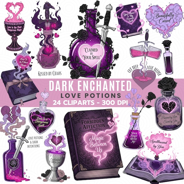 Clipart de Poção do Amor Encantada Sombria | Conjunto de PNGs de Poção Romântica Gótica | Arte de Frasco de Feitiço de Bruxa