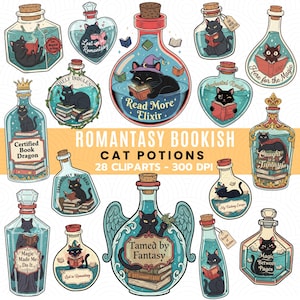 Peut inclure: Ensemble d'illustrations de potions de chat de différentes formes, chacune représentant un chat noir lisant un livre. Les potions comportent des textes tels que « Read More Elixir » et « Tamed by Fantasy ». L'image comprend également le texte « Romantasy Bookish Cat Potions ».