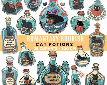 Romantasy Bookish Cat Potions Clipart Bundle (28 PNG Files)