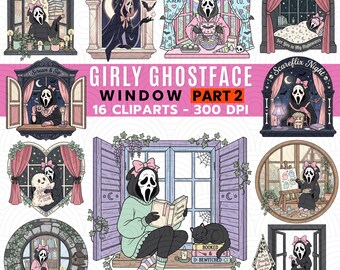 Girly Ghostface Window Clipart PNG |Halloween Ghost Window Bundle | Spooky window Clipart