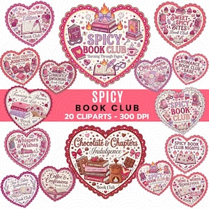 Puede incluir: Una colección de veinte ilustraciones digitales en forma de corazón con diseños temáticos de libros en tonos rosa, rojo y morado. Cada gráfico incluye texto como Spicy Book Club, Chocolate & Chapters y Sweet & Spicy Bites con varios iconos.