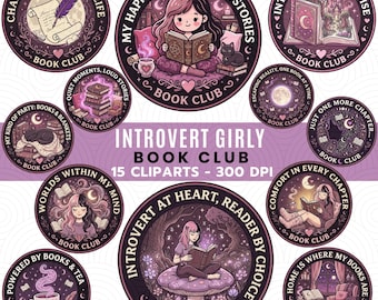 Introvertie Girly Book Club Clipart PNG Bundle, conceptions de Sublimation de lecteur fantastique confortable, insigne d'amateur de livres PNG