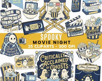 Spooky Movie Night Clipart PNG | Halloween Ghost Movie Clipart Bundle | Y2K Retro Halloween | Horror Movie Night