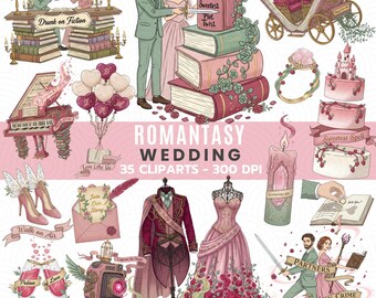 Lot de cliparts mariage romantique | Mariage fantastique PNG romantique livresque 35 fichiers décoration de mariage numérique et faire-part