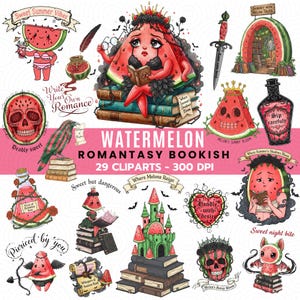 May include: A set of fantasy-themed illustrations featuring watermelons. The images include a watermelon character reading, a watermelon skull, and a watermelon castle. Text includes "Watermelon Romantasy Bookish" and various phrases.