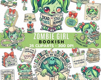 Zombie Girl Bookish Clipart, Halloween Reading PNG, Spooky Book Lover Sublimation, Digital Download