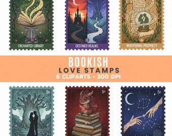 Clipart de timbre d'amour livresque | Frais de port romantiques fantastiques PNG | Art romantique | 6 PNG 300 ppp