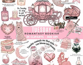 Lot de cliparts romantiques livresques du mardi | Citations fantastiques sur l'amour de soi PNG | Stickers lecteurs Soft Healing