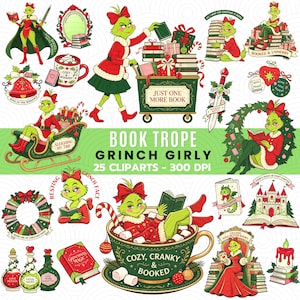 Op de afbeelding: Een digitale collectie van 25 illustraties met het Grinch-thema, met een groen personage in rode feestkleding dat interactie heeft met boeken, mokken en feestelijke decoraties. Tekstelementen bevatten Just One More Book en Book Trope.