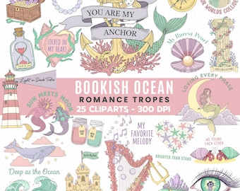 Bookish Ocean Romance Clipart | Romantasy Mermaid PNG | Fantasy Sea Romance Stickers