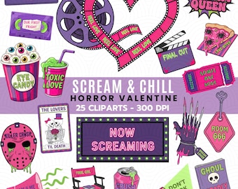 Lot de cliparts horreur Saint-Valentin crier et se détendre | Soirée cinéma d'horreur PNG | 300 ppp