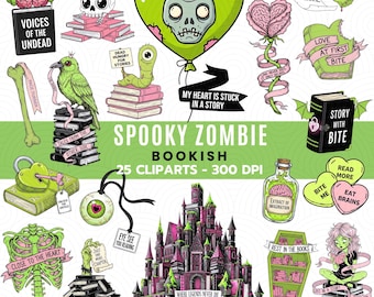 Lot de cliparts livresques zombies effrayants |  Lecture d'horreur PNG | Graphismes gothiques pour amateurs de livres