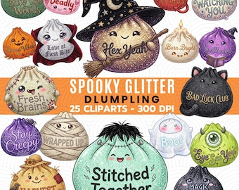 Spooky Halloween Glitter Dumpling Clipart, Halloween Dumpling PNG, Sparkly Spooky Food Characters, digitaldownload
