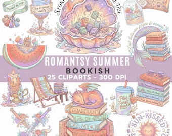 Bundle de cliparts livresques d'été romantiques, esthétique de lecture de fantaisie côtière, autocollant livresque Png, sublimation PNG 300 DPI